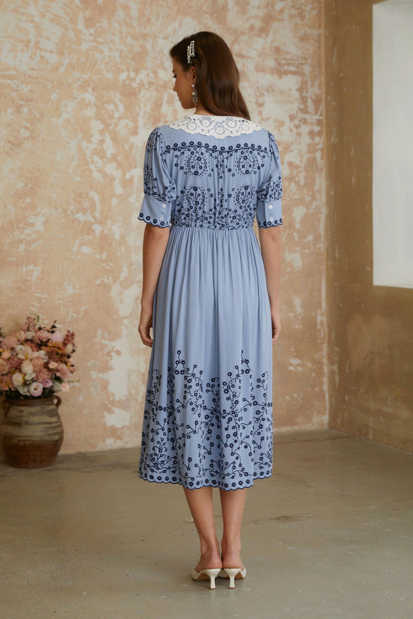 Violet Blue Floral Embroidered Midi Dress with Lace Lapels