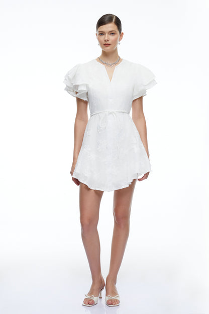 Violetta White Embroidered Mini Dress with Flutter Sleeves