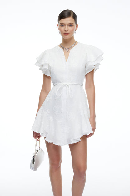 Violetta White Embroidered Mini Dress with Flutter Sleeves