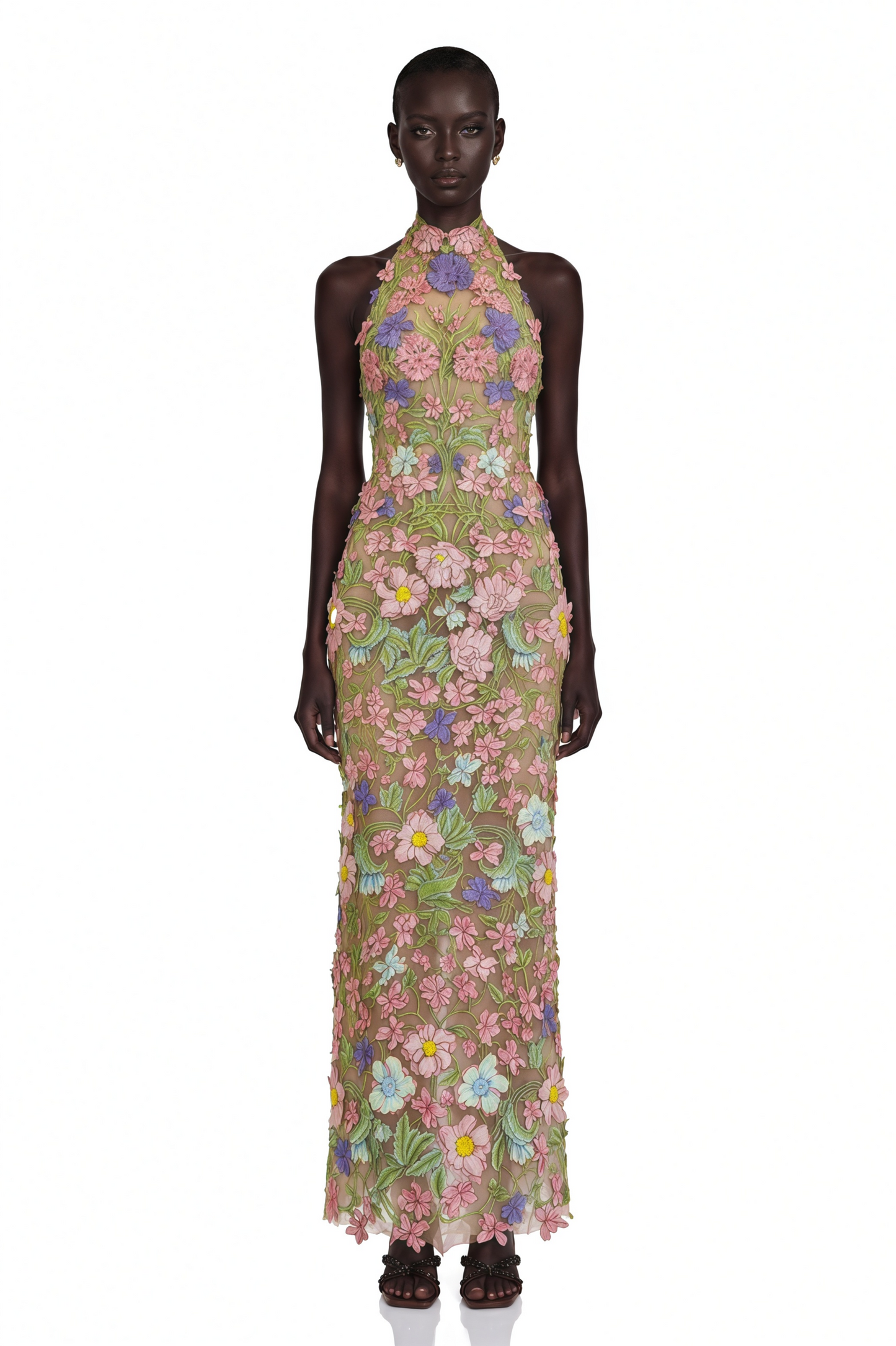 Violette Nude Halterneck Maxi Dress with 3D Florals