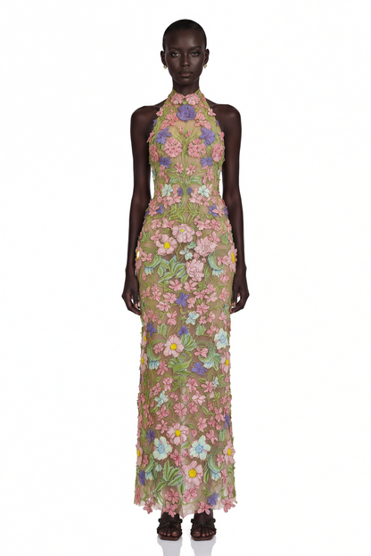 Violette Nude Halterneck Maxi Dress with 3D Florals