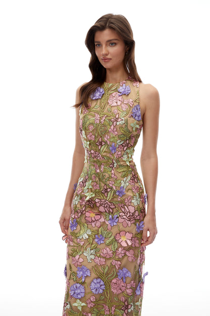 Violette Nude Halterneck Maxi Dress with 3D Florals
