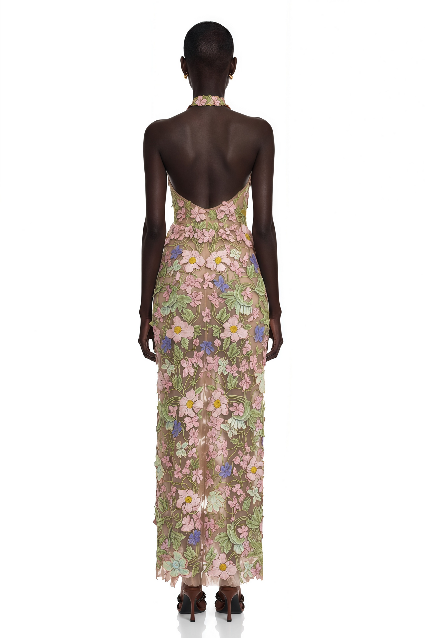 Violette Nude Halterneck Maxi Dress with 3D Florals