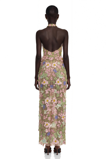 Violette Nude Halterneck Maxi Dress with 3D Florals