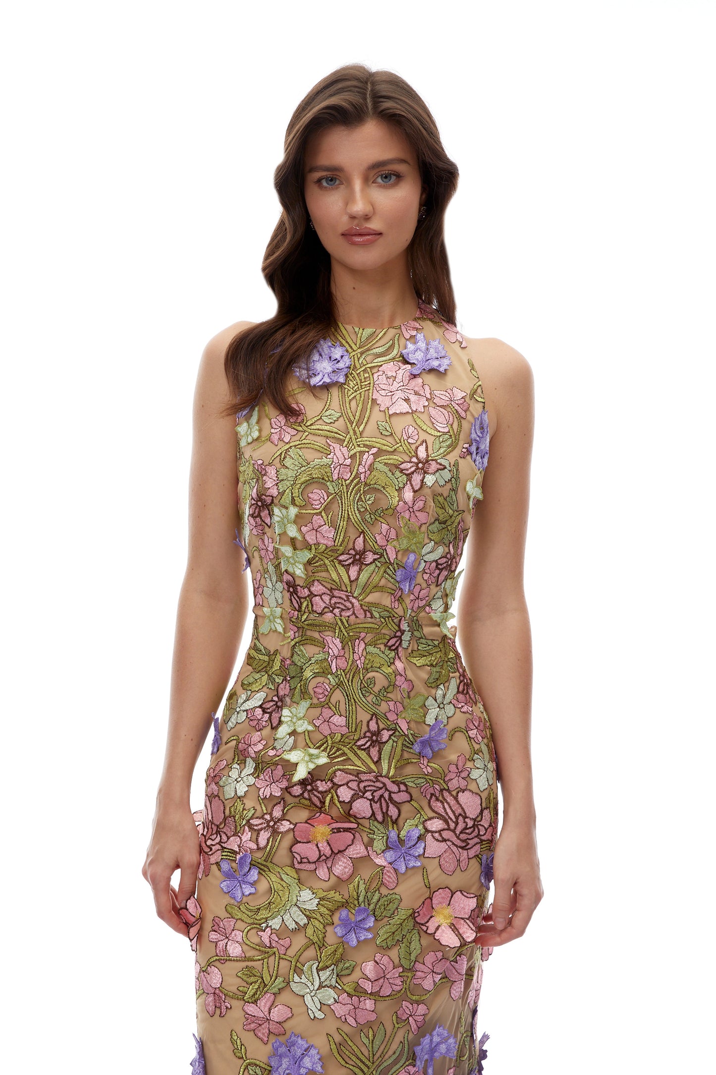 Violette Nude Halterneck Maxi Dress with 3D Florals