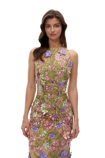 Violette Nude Halterneck Maxi Dress with 3D Florals