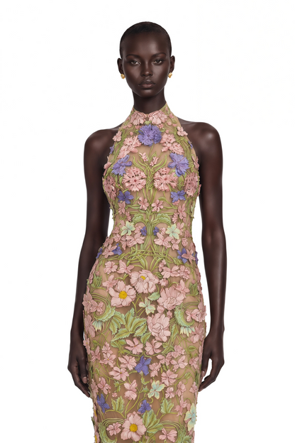 Violette Nude Halterneck Maxi Dress with 3D Florals