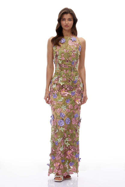 Violette Nude Halterneck Maxi Dress with 3D Florals