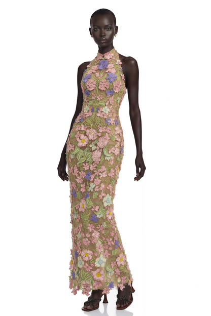 Violette Nude Halterneck Maxi Dress with 3D Florals