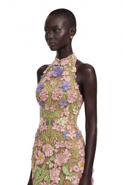 Violette Nude Halterneck Maxi Dress with 3D Florals