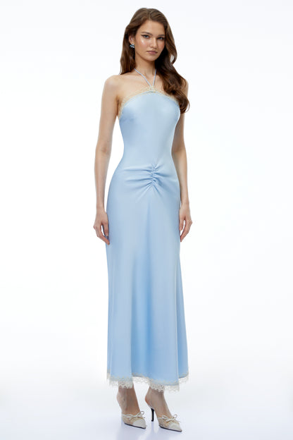 Viveka Baby Blue Halterneck Ruched Maxi Dress with Lace