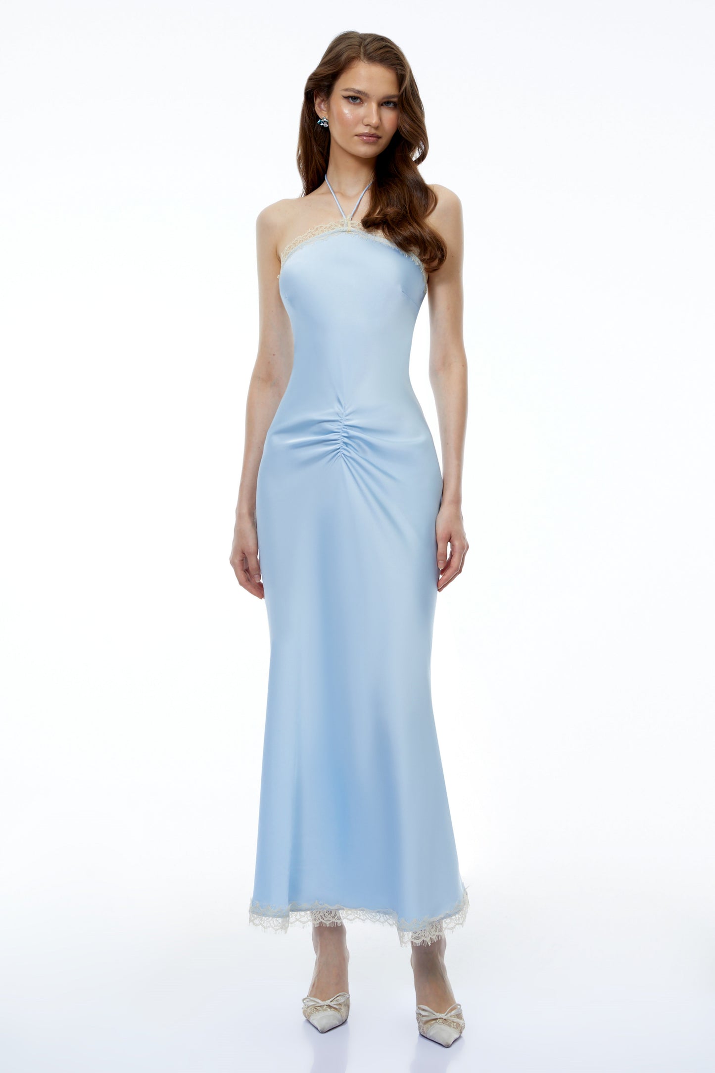 Viveka Baby Blue Halterneck Ruched Maxi Dress with Lace