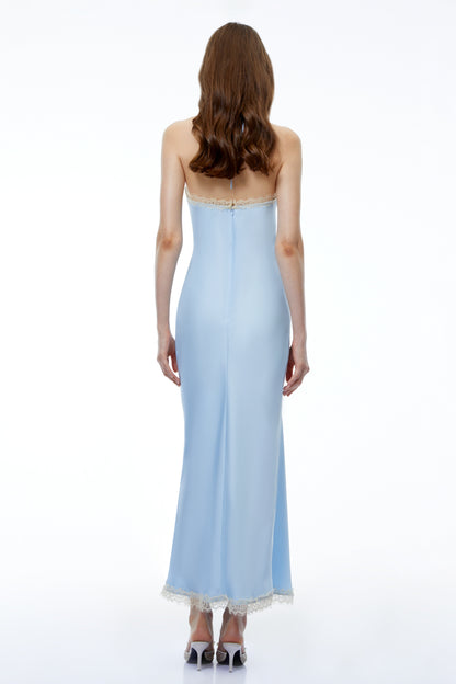 Viveka Baby Blue Halterneck Ruched Maxi Dress with Lace