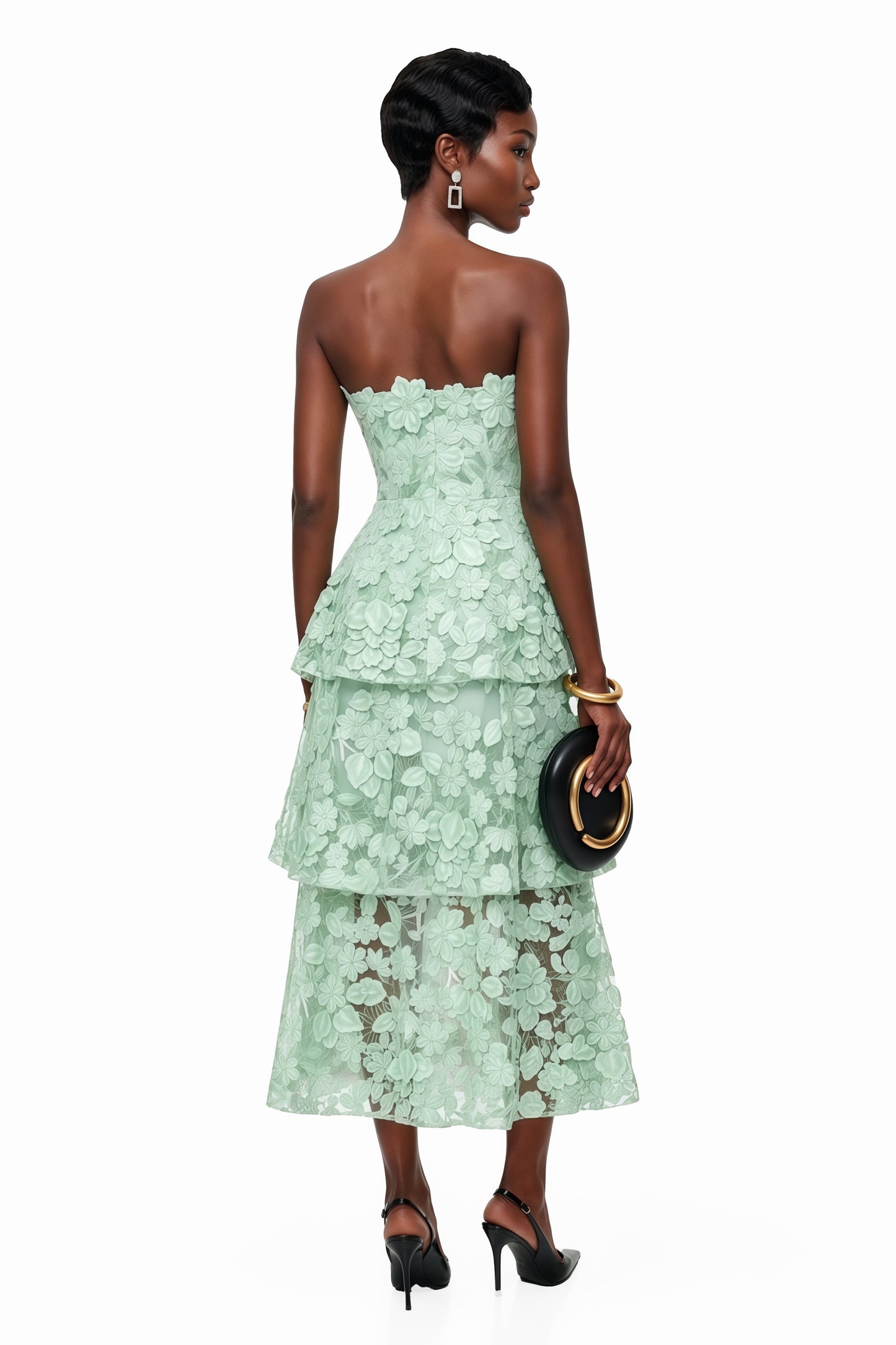 Viviana Green Tiered Midi Dress with 3D Florals