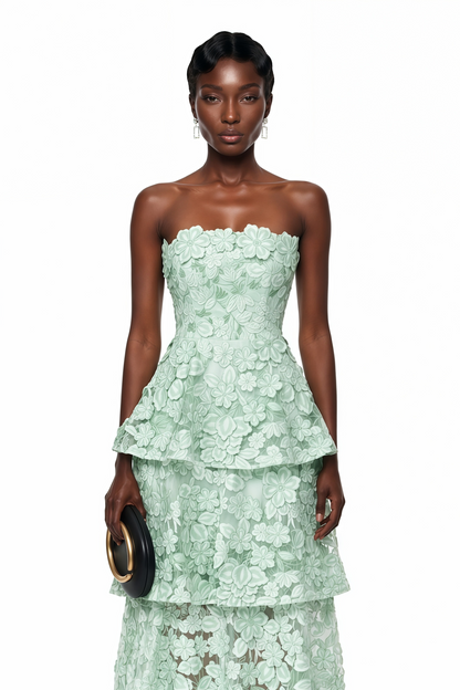 Viviana Green Tiered Midi Dress with 3D Florals