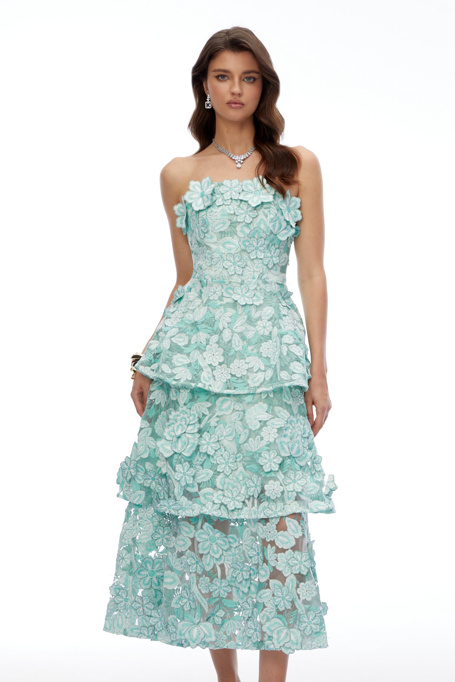 Viviana Green Tiered Midi Dress with 3D Florals