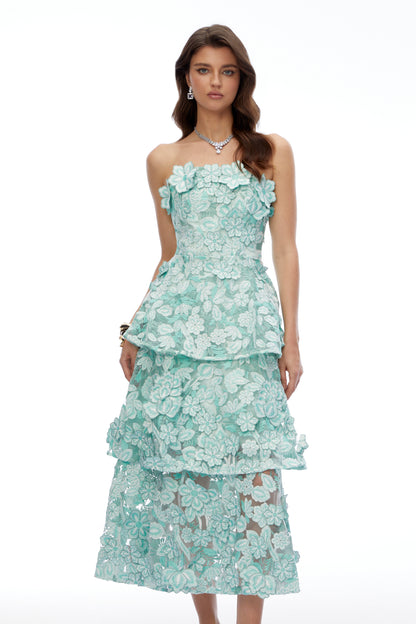 Viviana Green Tiered Midi Dress with 3D Florals