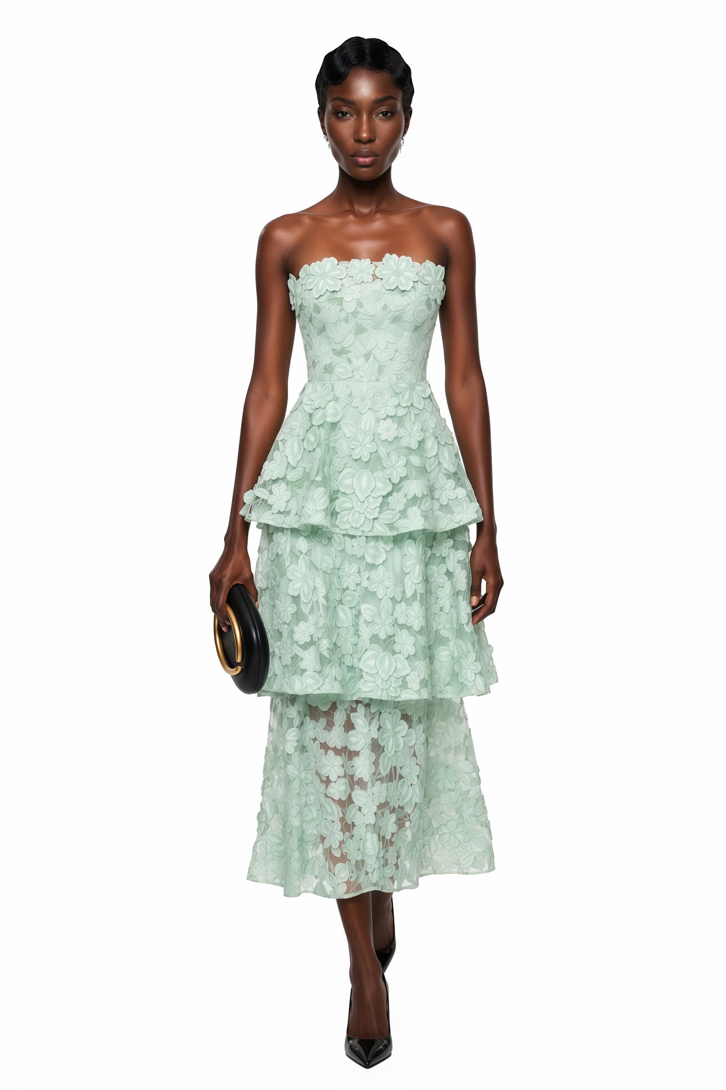 Viviana Green Tiered Midi Dress with 3D Florals