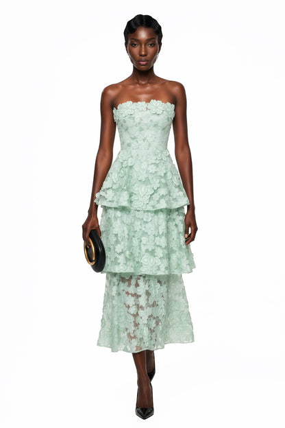 Viviana Green Tiered Midi Dress with 3D Florals