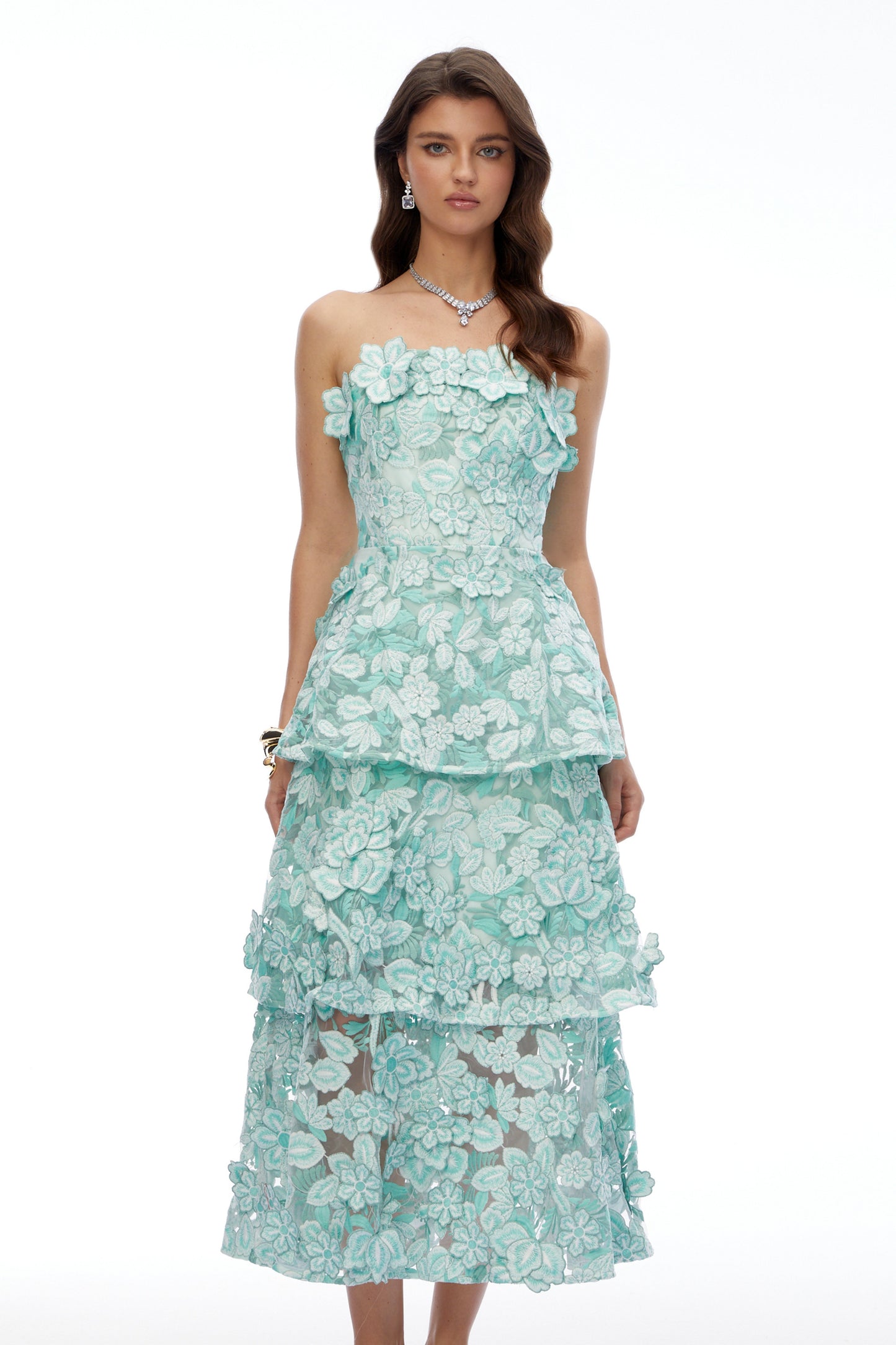 Viviana Green Tiered Midi Dress with 3D Florals
