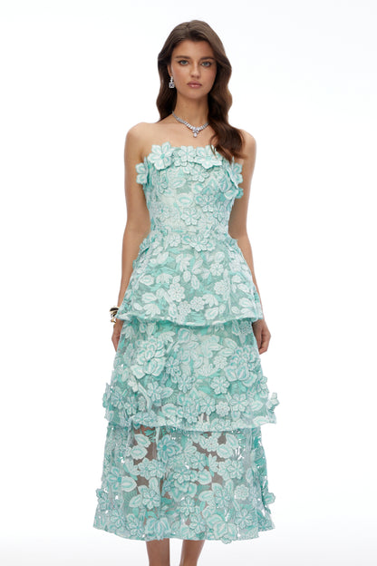 Viviana Green Tiered Midi Dress with 3D Florals