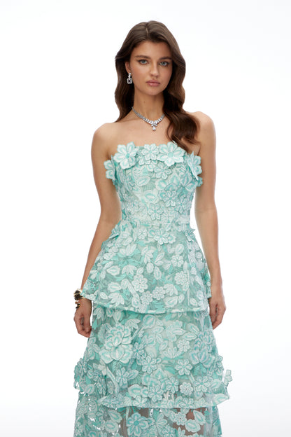 Viviana Green Tiered Midi Dress with 3D Florals