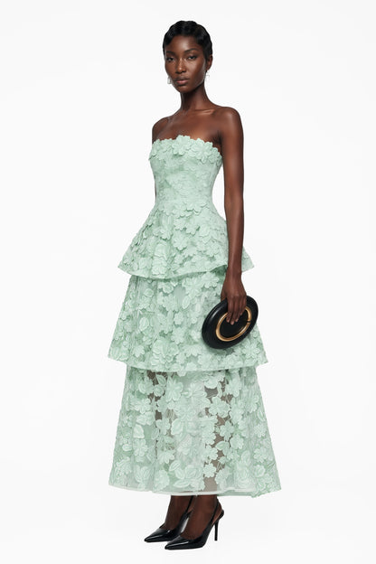 Viviana Green Tiered Midi Dress with 3D Florals