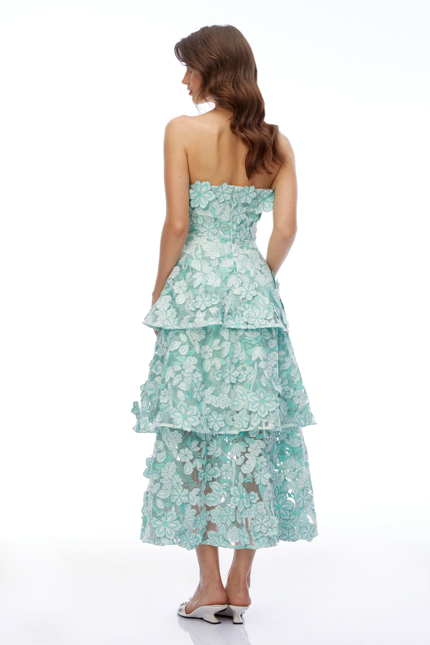 Viviana Green Tiered Midi Dress with 3D Florals