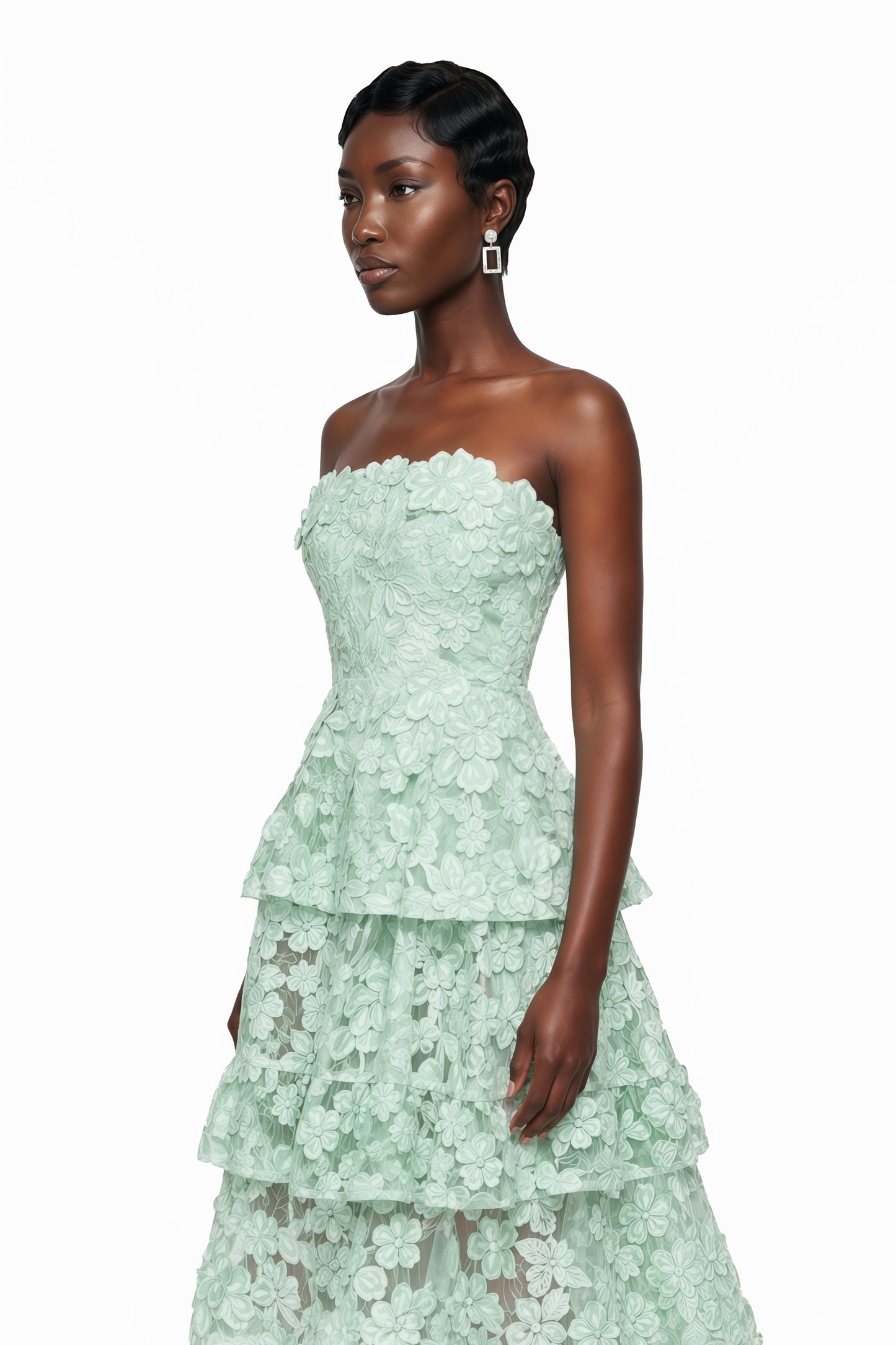 Viviana Green Tiered Midi Dress with 3D Florals