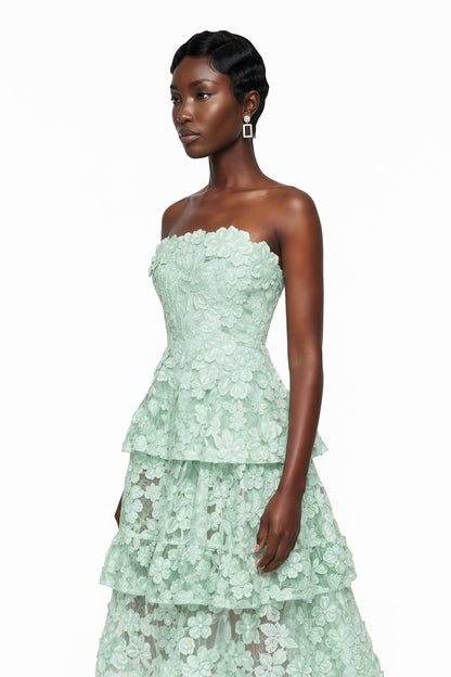 Viviana Green Tiered Midi Dress with 3D Florals