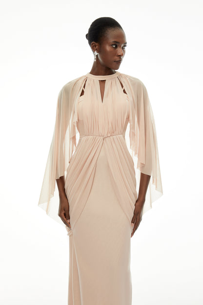 Vivienne  Ruched Maxi Dress with Cape Sleeves