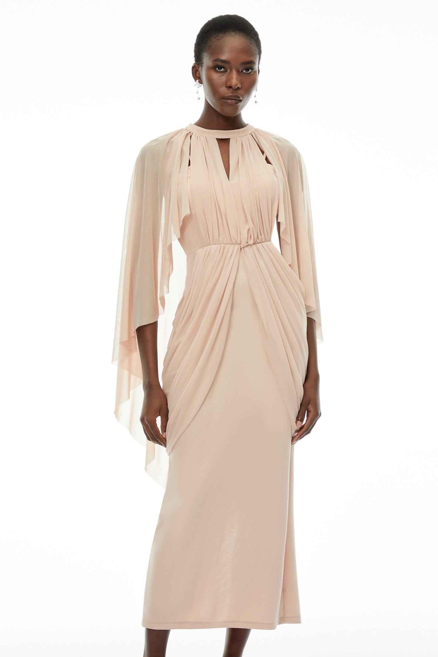 Vivienne  Ruched Maxi Dress with Cape Sleeves