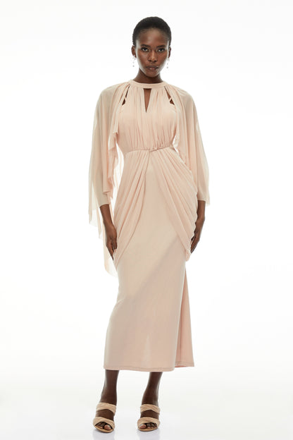 Vivienne  Ruched Maxi Dress with Cape Sleeves