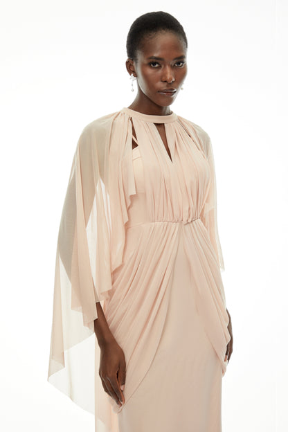Vivienne  Ruched Maxi Dress with Cape Sleeves