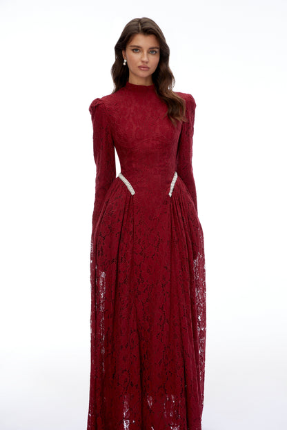 Vivienne Red Mock Neck Long Sleeve Lace Maxi Dress