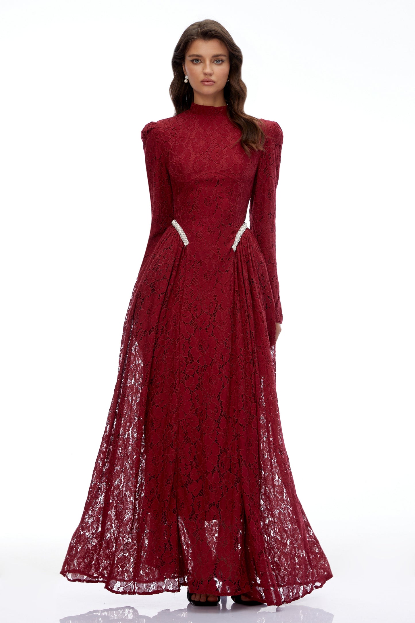 Vivienne Red Mock Neck Long Sleeve Lace Maxi Dress