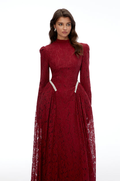 Vivienne Red Mock Neck Long Sleeve Lace Maxi Dress