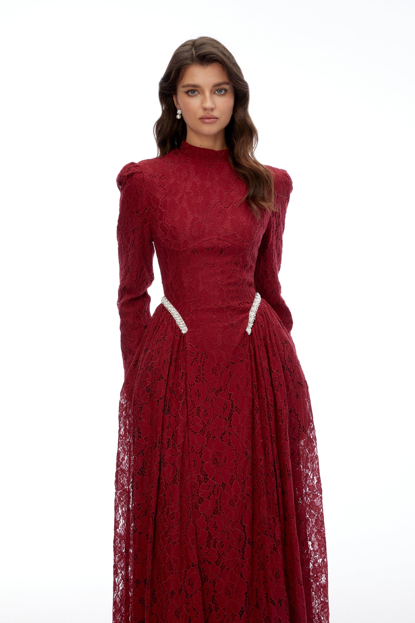 Vivienne Red Mock Neck Long Sleeve Lace Maxi Dress