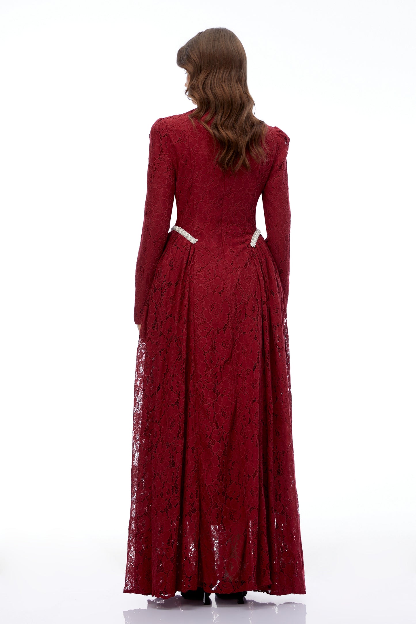 Vivienne Red Mock Neck Long Sleeve Lace Maxi Dress