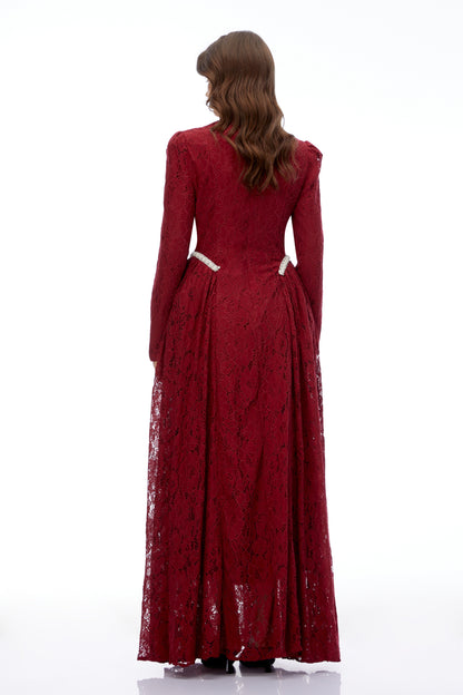 Vivienne Red Mock Neck Long Sleeve Lace Maxi Dress
