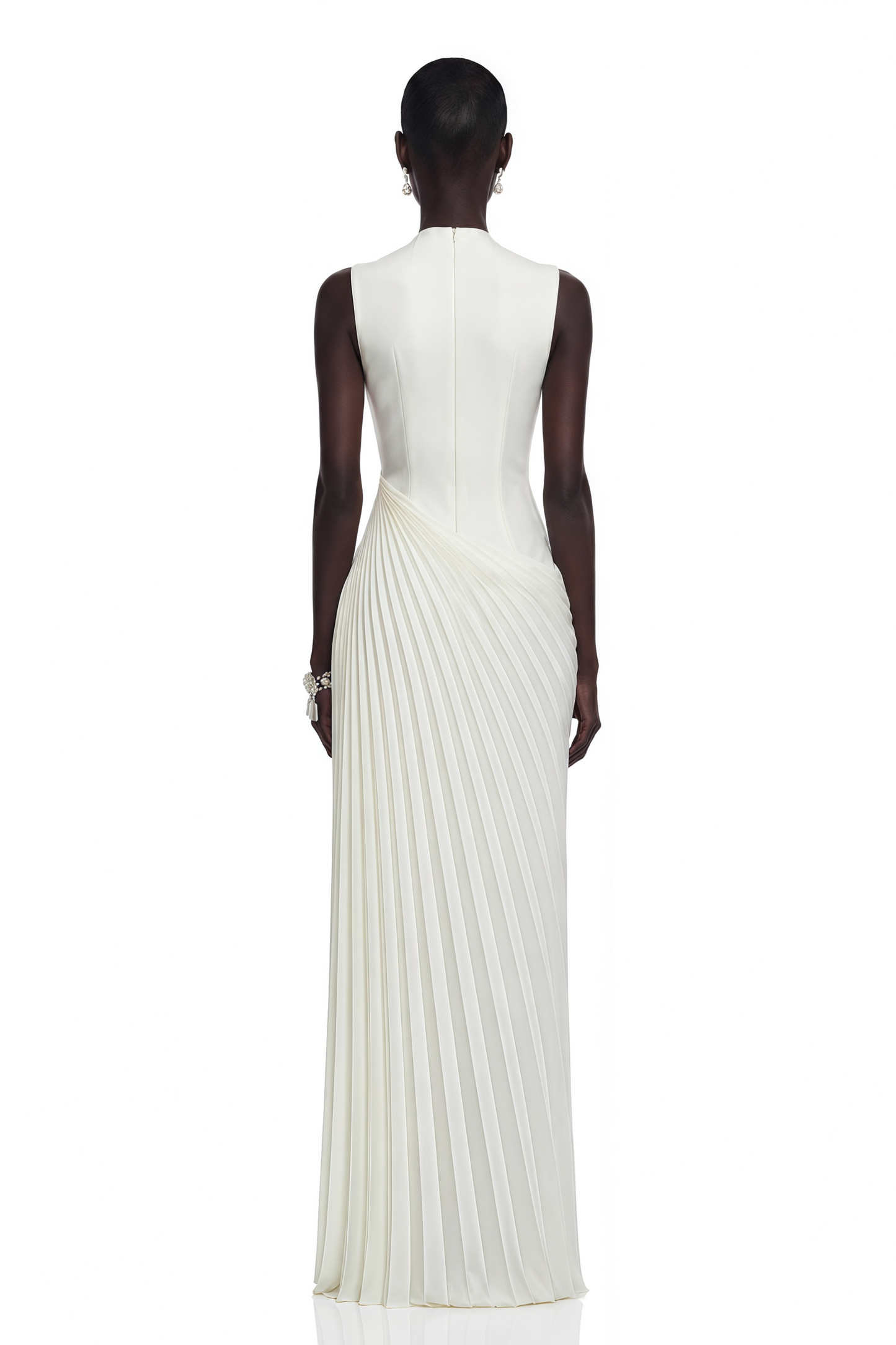 Vivienne White Sleeveless Pleated Maxi Dress with Floral Applique