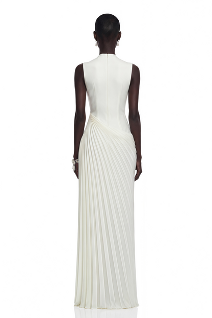 Vivienne White Sleeveless Pleated Maxi Dress with Floral Applique