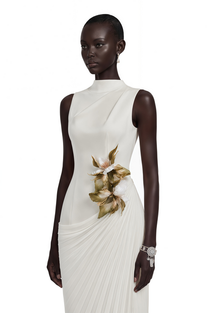Vivienne White Sleeveless Pleated Maxi Dress with Floral Applique