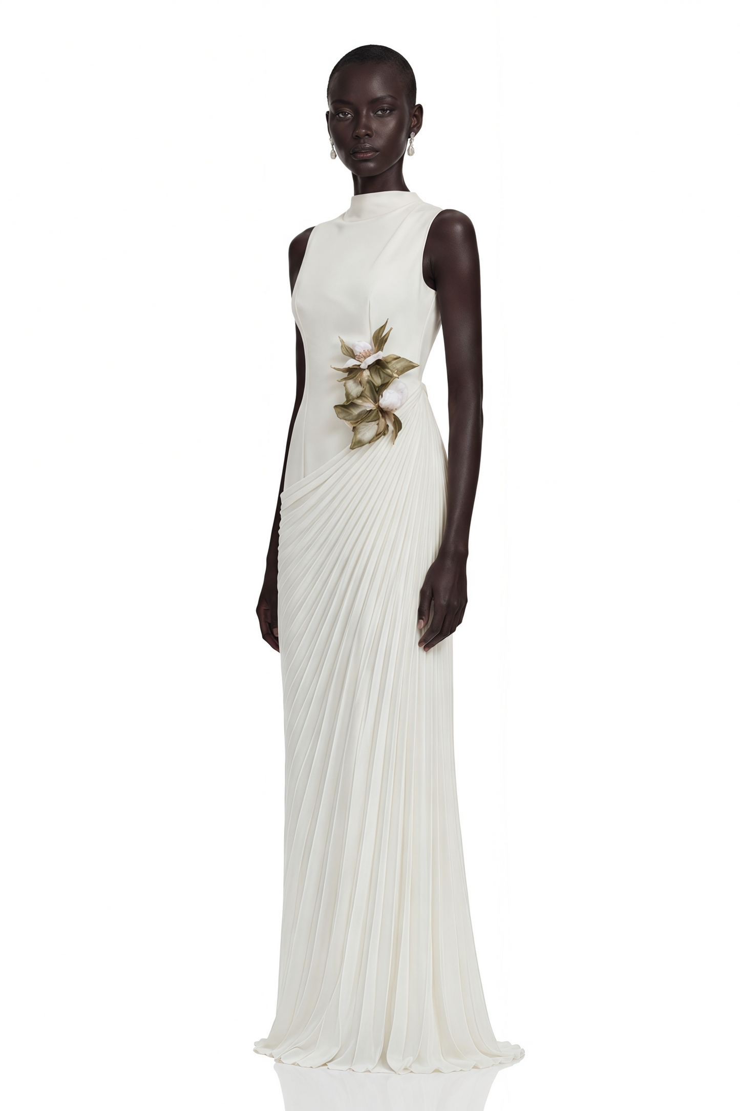 Vivienne White Sleeveless Pleated Maxi Dress with Floral Applique