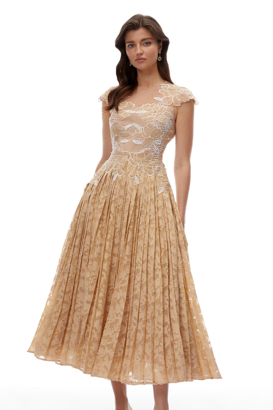 Vonda Neutral Floral Lace Pleated Midi Dress