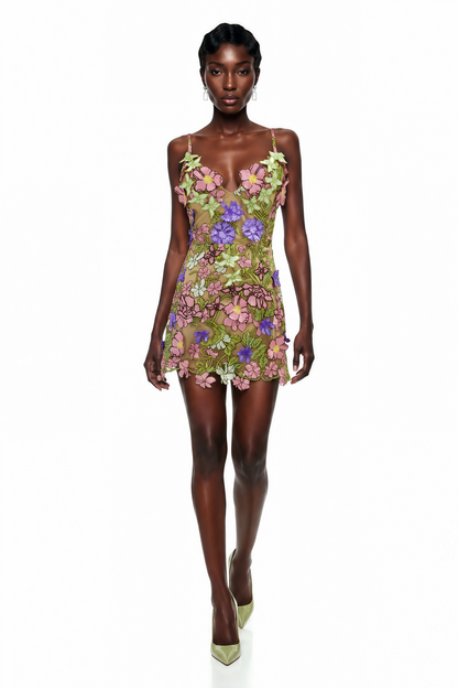 Wakatipu Green V-Neck Mini Dress with 3D Florals