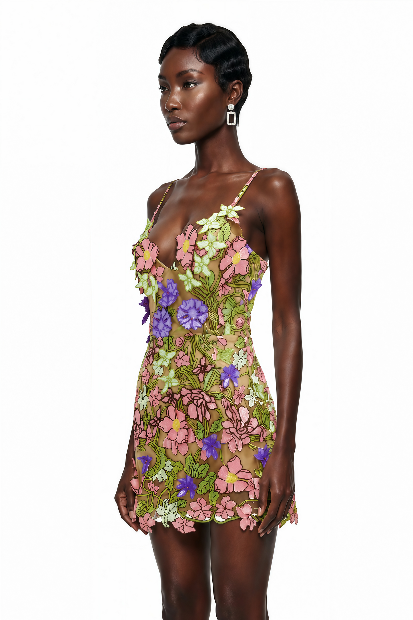 Wakatipu Green V-Neck Mini Dress with 3D Florals
