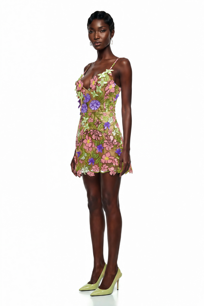 Wakatipu Green V-Neck Mini Dress with 3D Florals