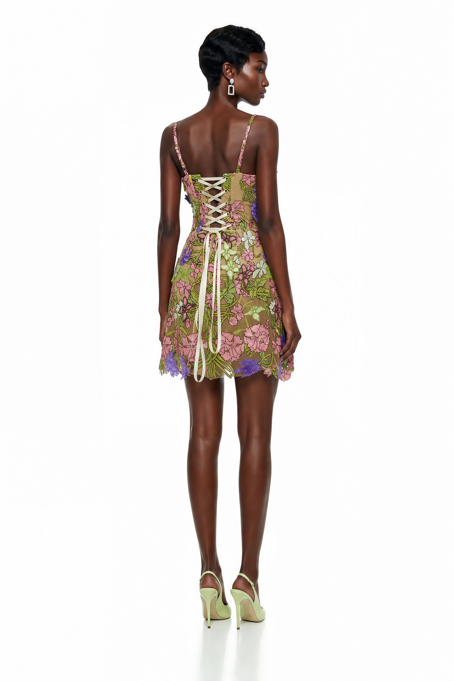 Wakatipu Green V-Neck Mini Dress with 3D Florals