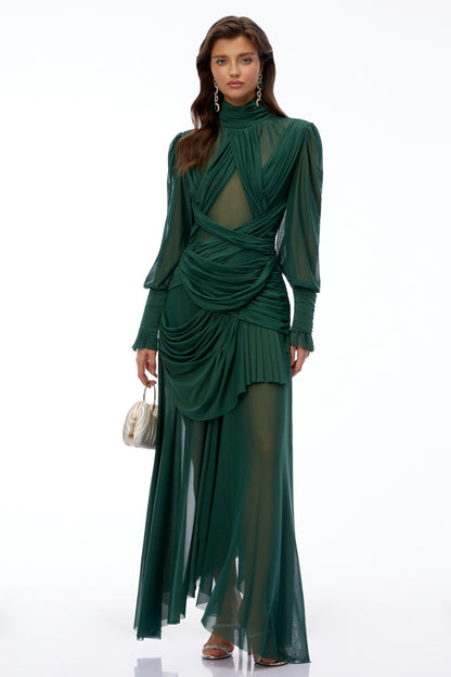 Wania Dark Green Cross Front Ruched Maxi Dress